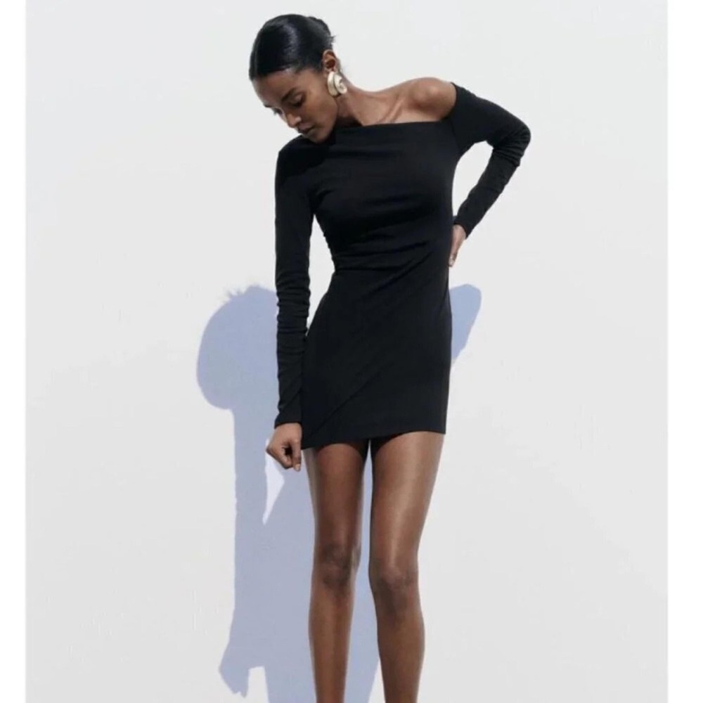 NWT Zara Draped Asymmetrical Black One-Shoulder Dress Size S